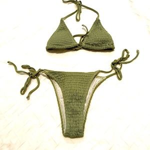 SHEIN Swimsuit that has a smocked halter top with tie sides bikini bathing suit